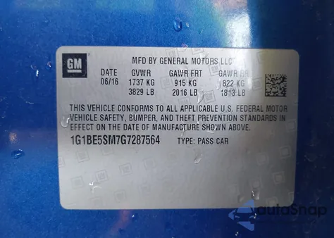 2016 Chevrolet Cruze Lt Auto z USA, uszkodzony, nr VIN 1G1BE5SM7G7287564